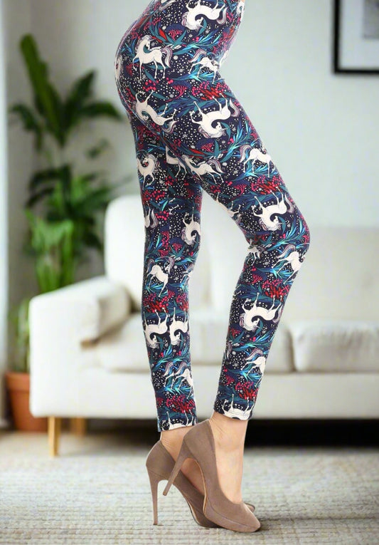 Women's Unicorn Printed Leggings Blue: OS and Plus Leggings MomMe and More