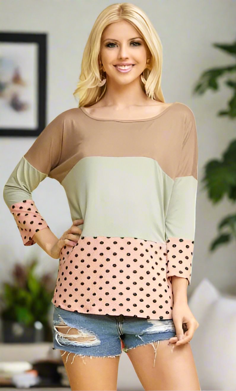 Women's Tri-Color Block Top Mocha/Green/Pink: S/M/L/XL Tops MomMe and More