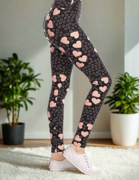 Womens Valentines Day Leggings, Light Pink Heart Print Leggings: Yoga Waist Leggings MomMe and More