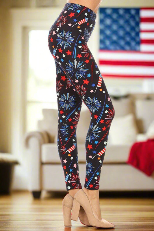 Womens American Flag Sparkle Leggings - High Waisted - Buttery Soft - Red/White/Blue Leggings MomMe and More