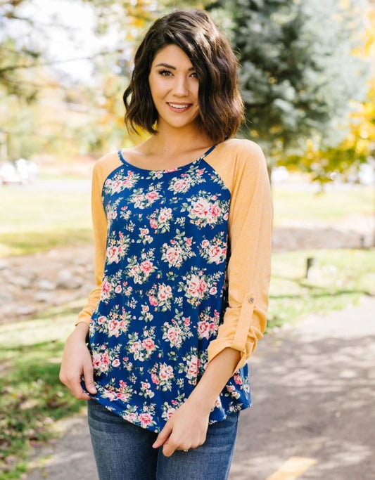 Womens Blue Yellow Floral Raglan Top Tops MomMe and More