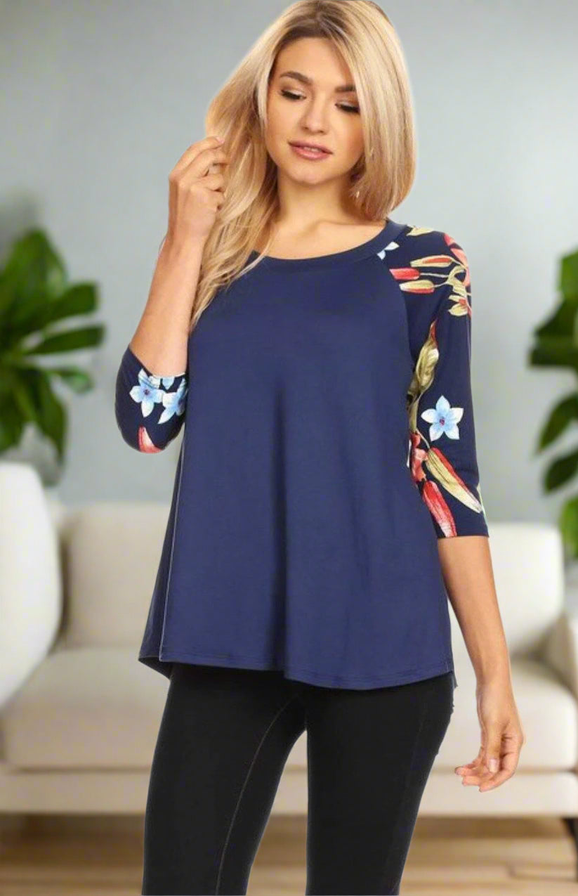 Women's Blue Top 3/4 Sleeve Floral Shirt: S/M/L Tunics MomMe and More
