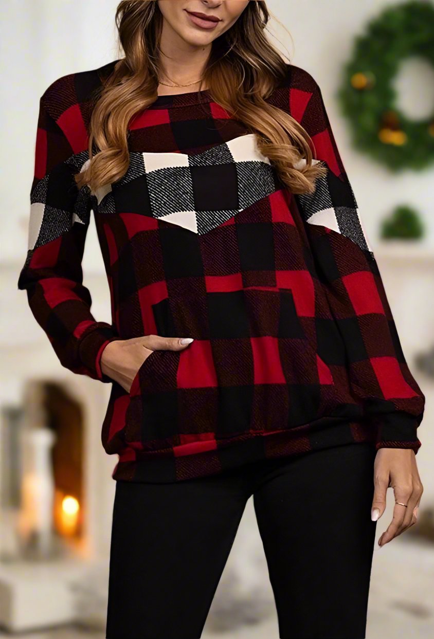 Womens Red Plaid Christmas Sweater, Buffalo Plaid Long Sleeve Holiday Printed Top Tops MomMe and More