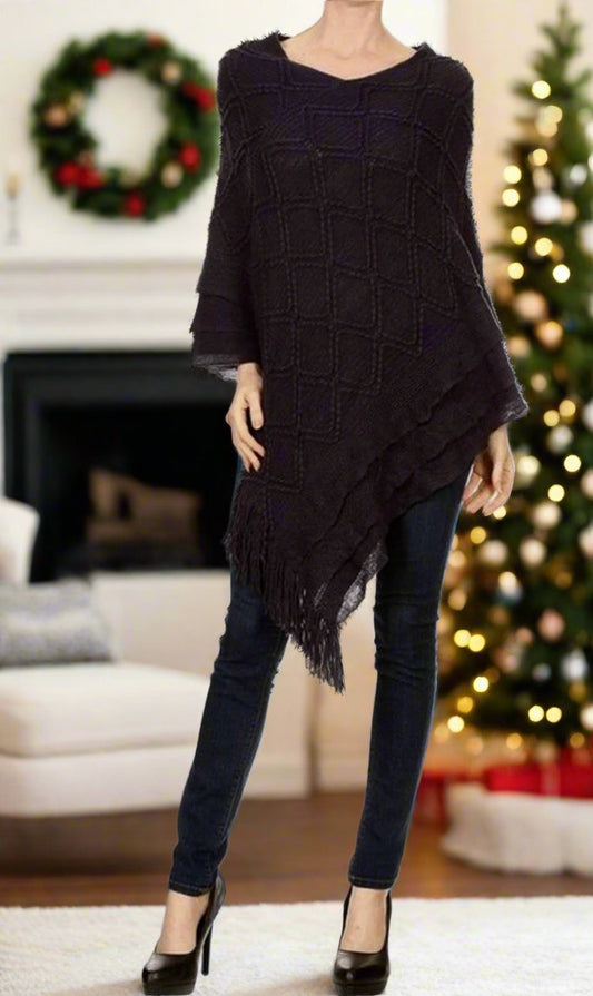 Women's Fringed Poncho: Black poncho MomMe and More