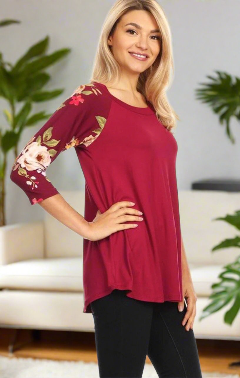 Women's Maroon Raglan Tunic Top Floral Shirt: S/M/L Tunics MomMe and More