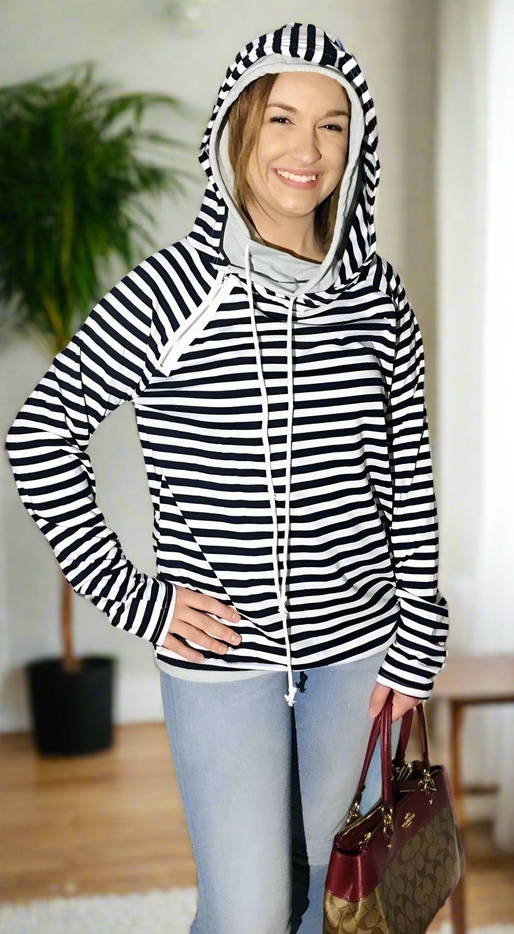 Womens Side Zip Double Hooded Sweatshirt: Black/White Tops MomMe and More