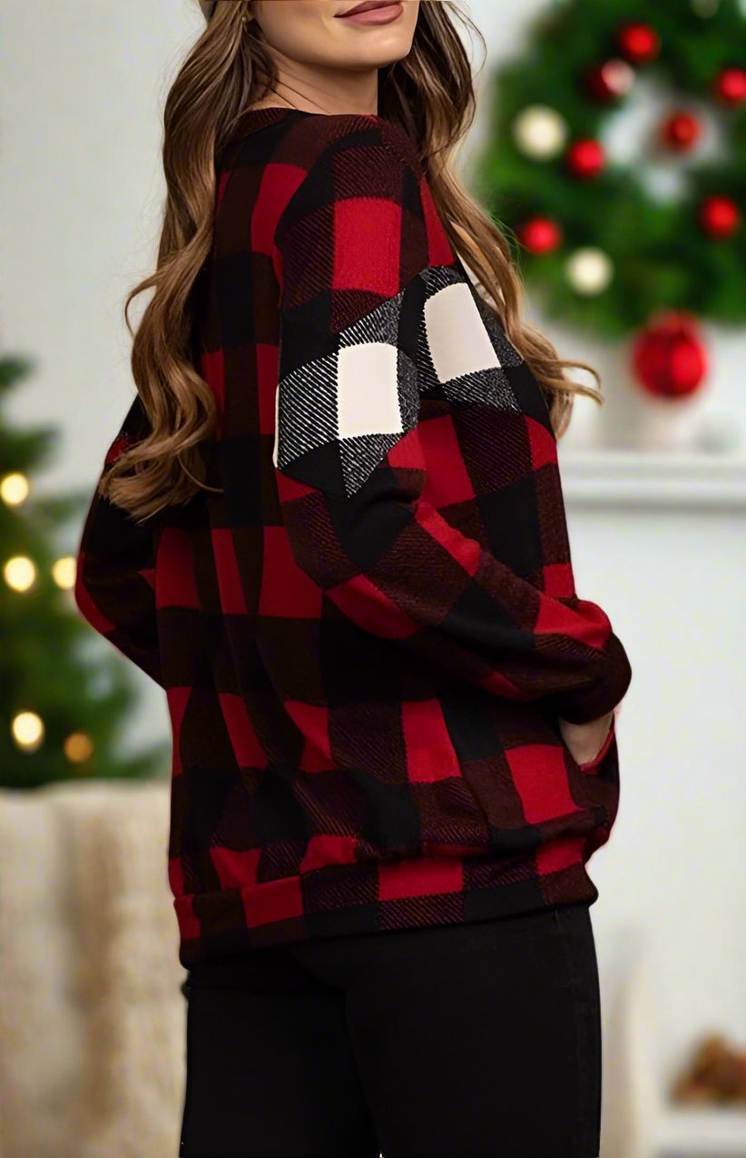 Womens Red Plaid Christmas Sweater, Buffalo Plaid Long Sleeve Holiday Printed Top Tops MomMe and More