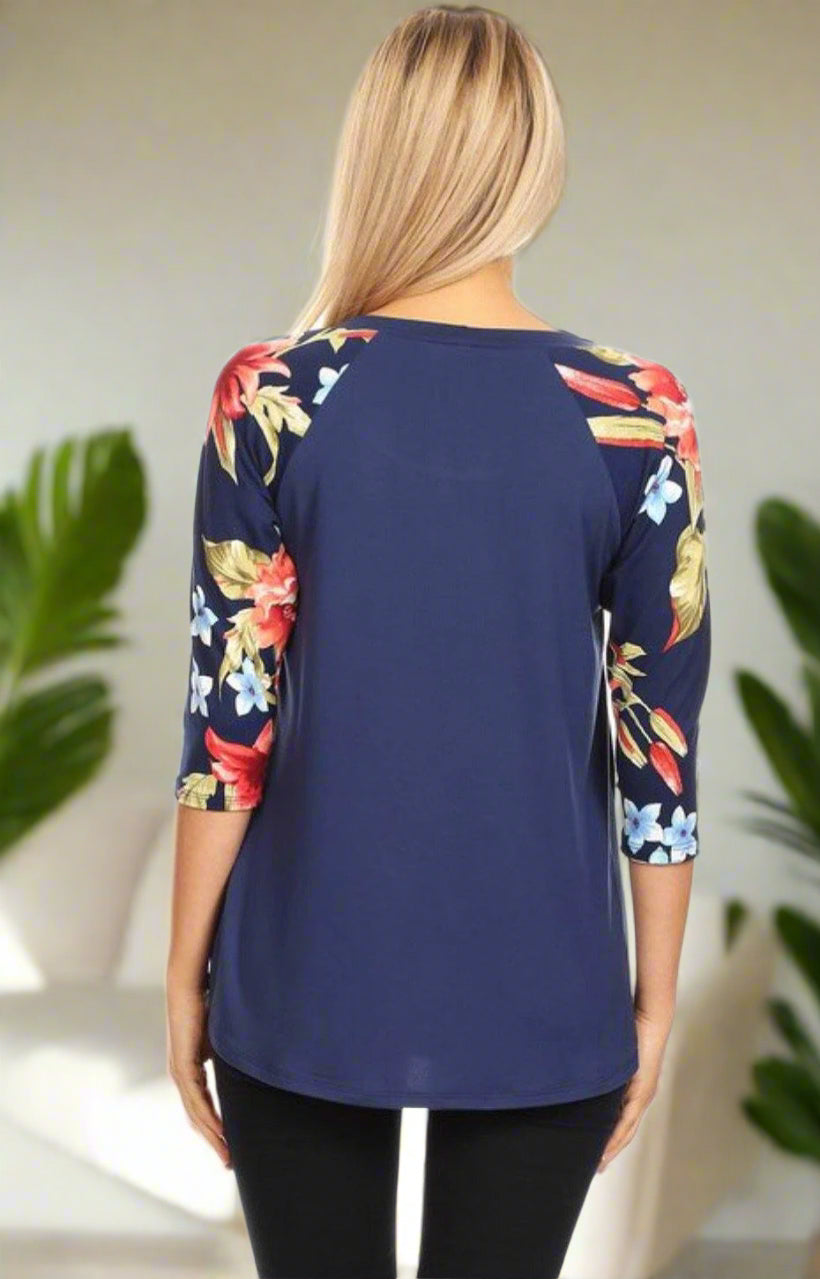 Women's Blue Top 3/4 Sleeve Floral Shirt: S/M/L Tunics MomMe and More