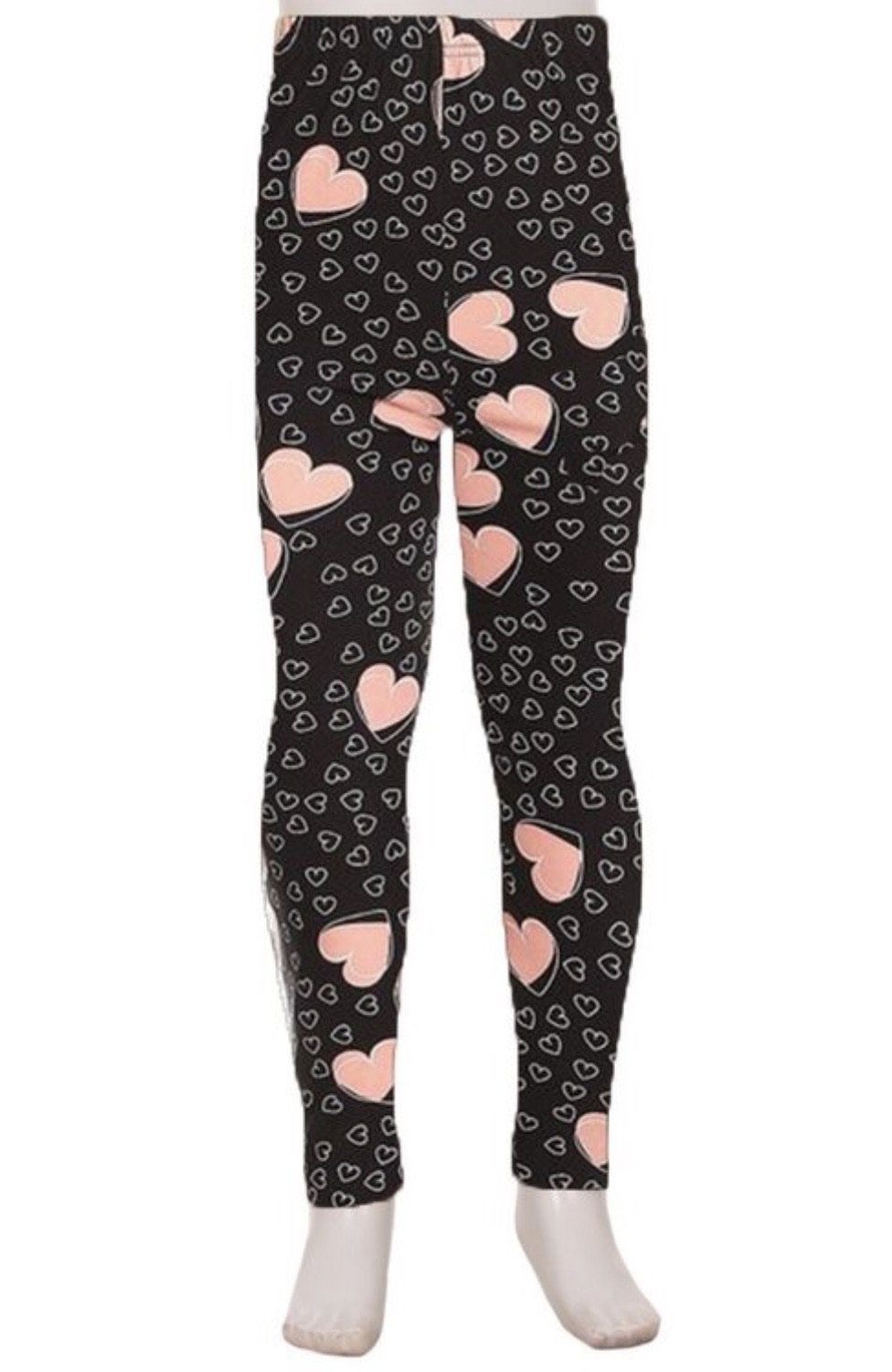 Girls Leggings | Pink Heart Valentines Day Leggings | Kids Yoga Pants |  Footless Tights | No-Roll Waistband