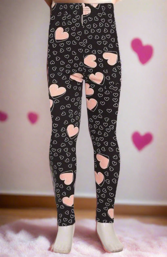 Girls Valentine Heart Leggings: Black/Pink Leggings MomMe and More