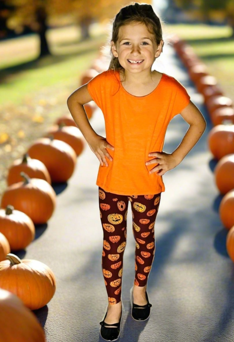 Girls Happy Pumpkin Halloween Thanksgiving Fall Leggings Leggings MomMe and More 