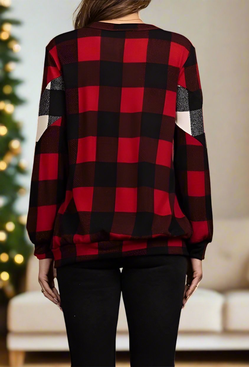 Womens Red Plaid Christmas Sweater, Buffalo Plaid Long Sleeve Holiday Printed Top Tops MomMe and More