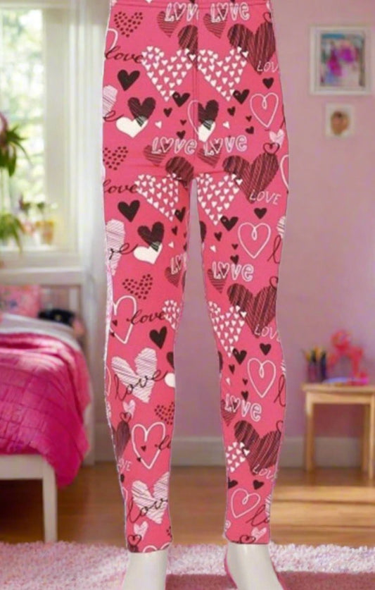 Girls Pink Love Heart Valentines Day Leggings Leggings MomMe and More