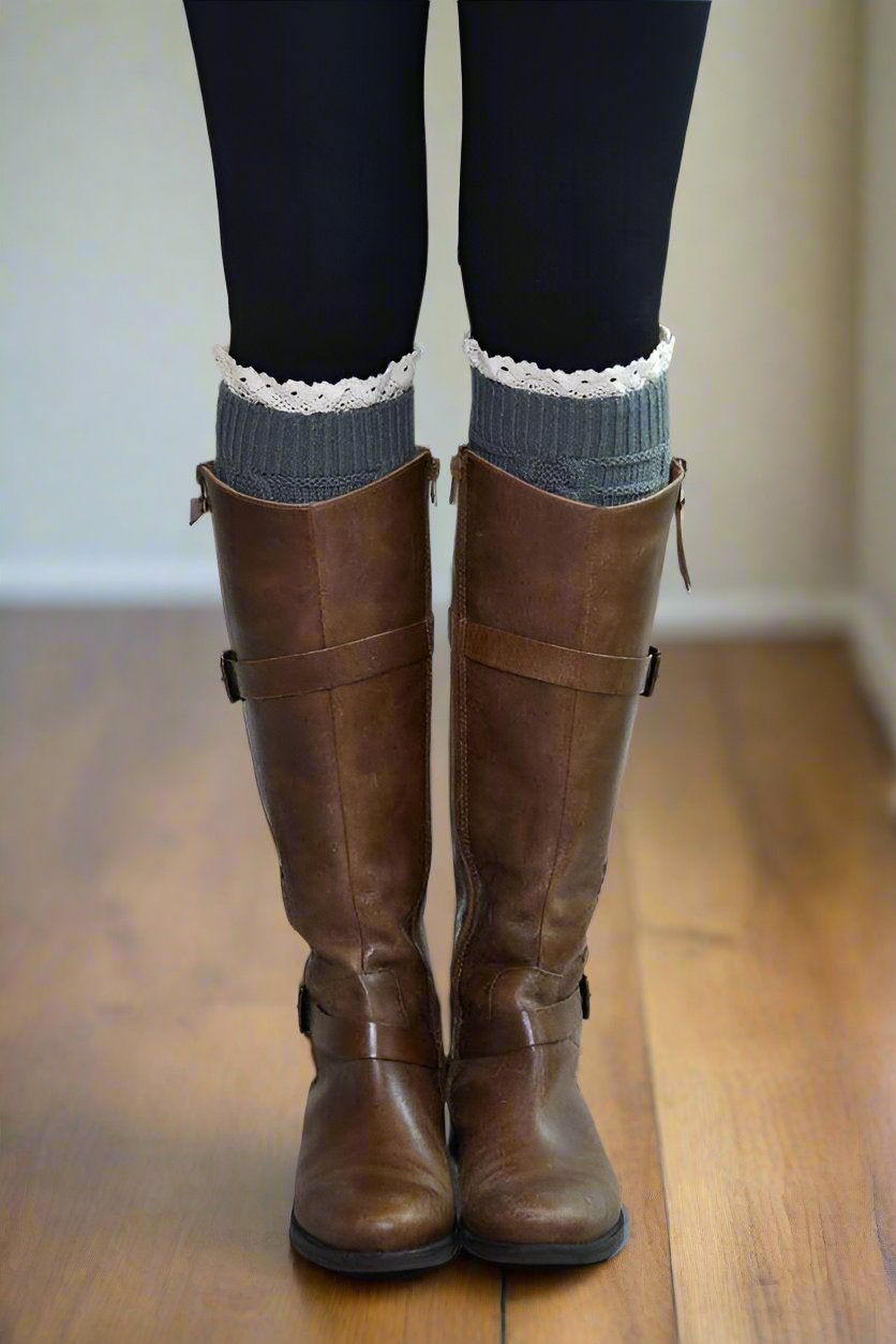 Womens Short Lace Trim Sweater Leg Warmers: Black, Khaki, Brown, Gray, Maroon Leg Warmer MomMe and More