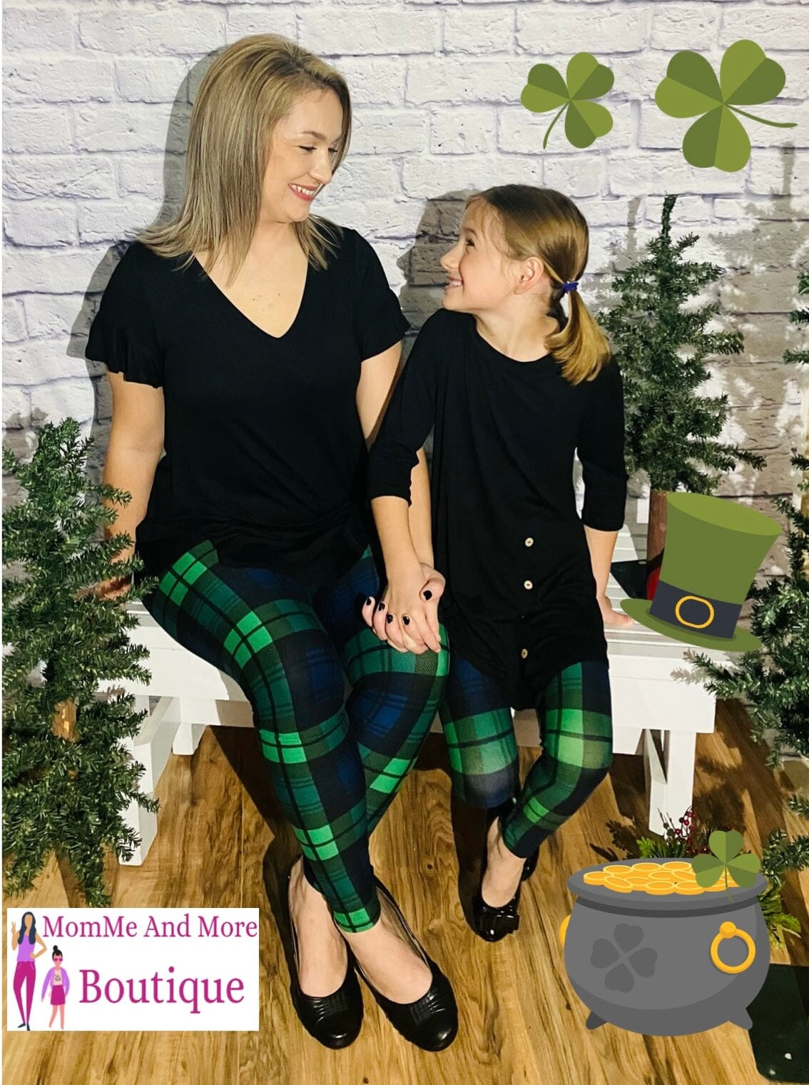 Girls St Patrick Day Green Plaid Leggings | Kids Yoga Pants | Footless Tights Leggings MomMe and More 