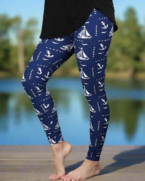 Womens Nautical Boat Leggings, Soft Yoga Pants, Blue/White, Sizes 0-20, Yoga Waist Leggings MomMe and More 