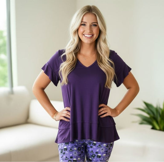 Womens Purple Short Sleeve Top, Flutter Sleeve Shirt, Ruffle Hem Shirt, Sizes S/M/L, Solid Purple Tops MomMe and More 