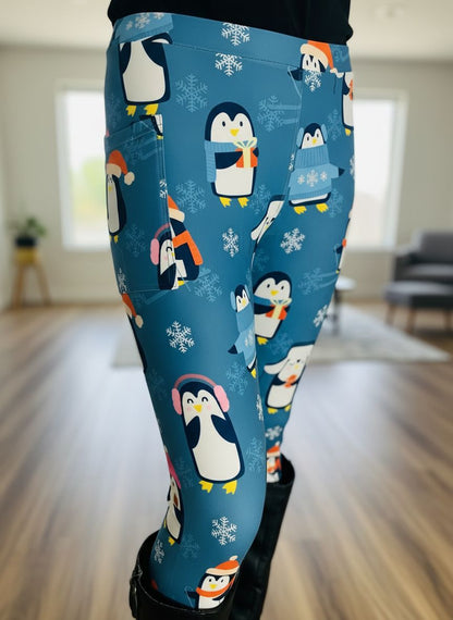 Womens Penguin Leggings - Christmas Leggings - High Waisted - Side Pockets - Luxury Soft Yoga Pants - Blue/Multi Leggings MomMe and More S Blue Yoga Waist
