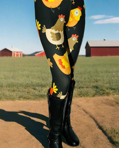 Womens Chicken Leggings - High Waisted - Buttery Soft - Brown/Orange Leggings MomMe and More 