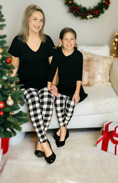 Girls Plaid Leggings, Kids Yoga Pants, Sizes S/L, No-Roll Waist, Black/White Leggings MomMe and More 