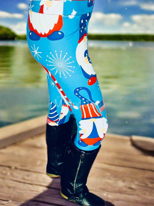 Womens American Flag Gnome Leggings, Soft Yoga Pants, Yoga Waist, Red/White/Blue, Sizes OS/TC/TC2, Exclusive Leggings Leggings MomMe and More 0-12 Blue Yoga Waist