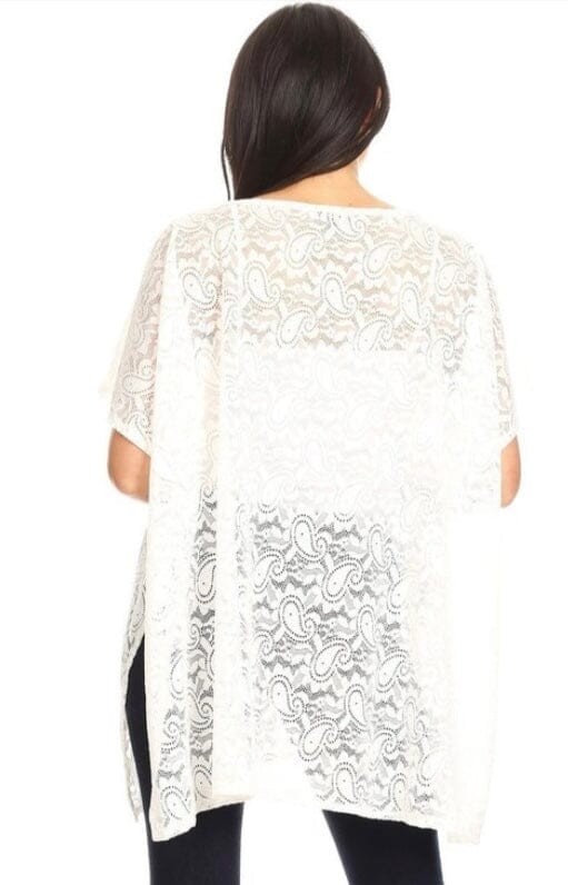 Womens Paisley Lace Top | Pull Over Lace Printed Shirt | Black or White Lace Kimono | Swimsuit Cover kimono MomMe and More 