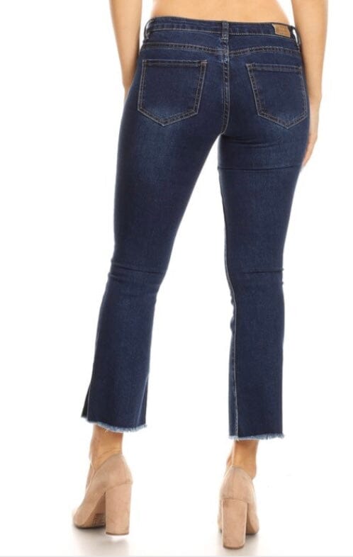Jean Capris For Women and Juniors | Frayed Raw Hem Crop Jeans | Dark Wash Denim Pants Jeans MomMe and More 