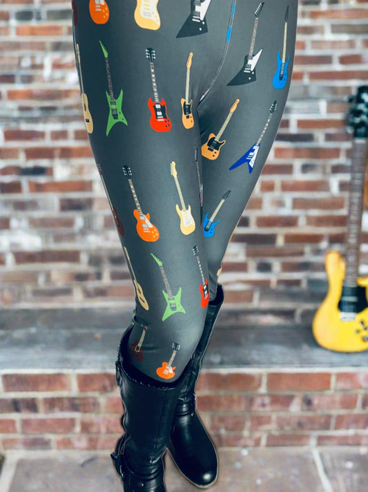 Womens Guitar Print Leggings Soft Yoga Pants Gray/Multi Sizes 0-22 Leggings MomMe and More 