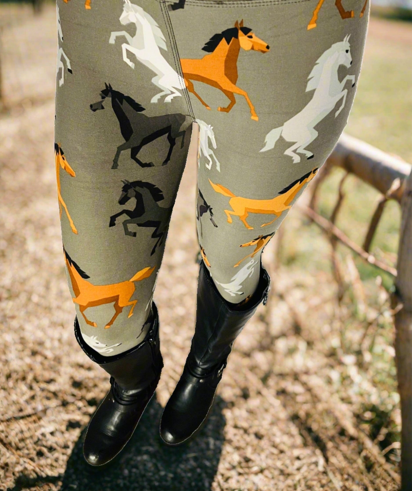 Womens Brown Horse Leggings, Soft Yoga Pants, Sizes 0-20, Gray/Brown Leggings MomMe and More 