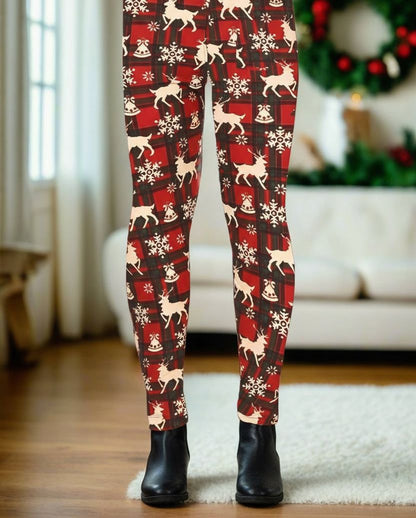 Girls Plaid Christmas Leggings - High Waisted - Buttery Soft - Red/White Leggings MomMe and More 