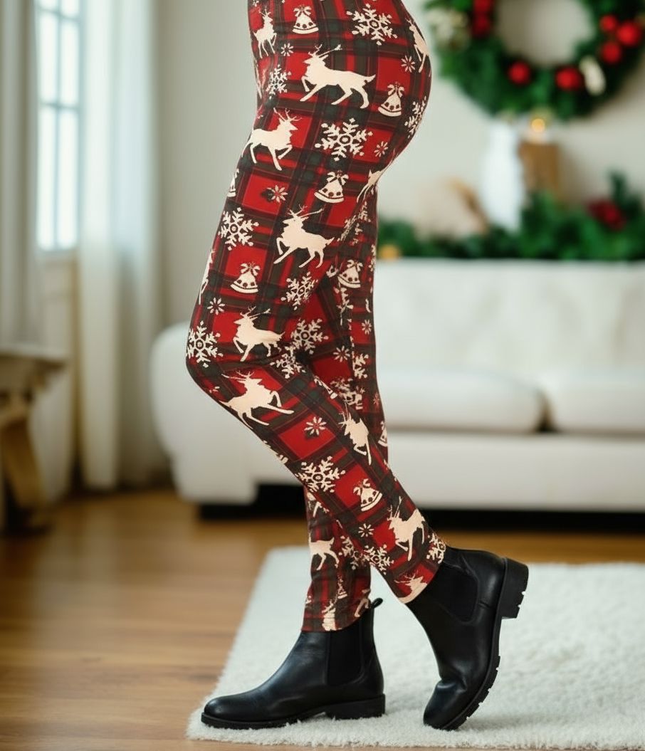 Girls Plaid Christmas Leggings - High Waisted - Buttery Soft - Red/White Leggings MomMe and More 