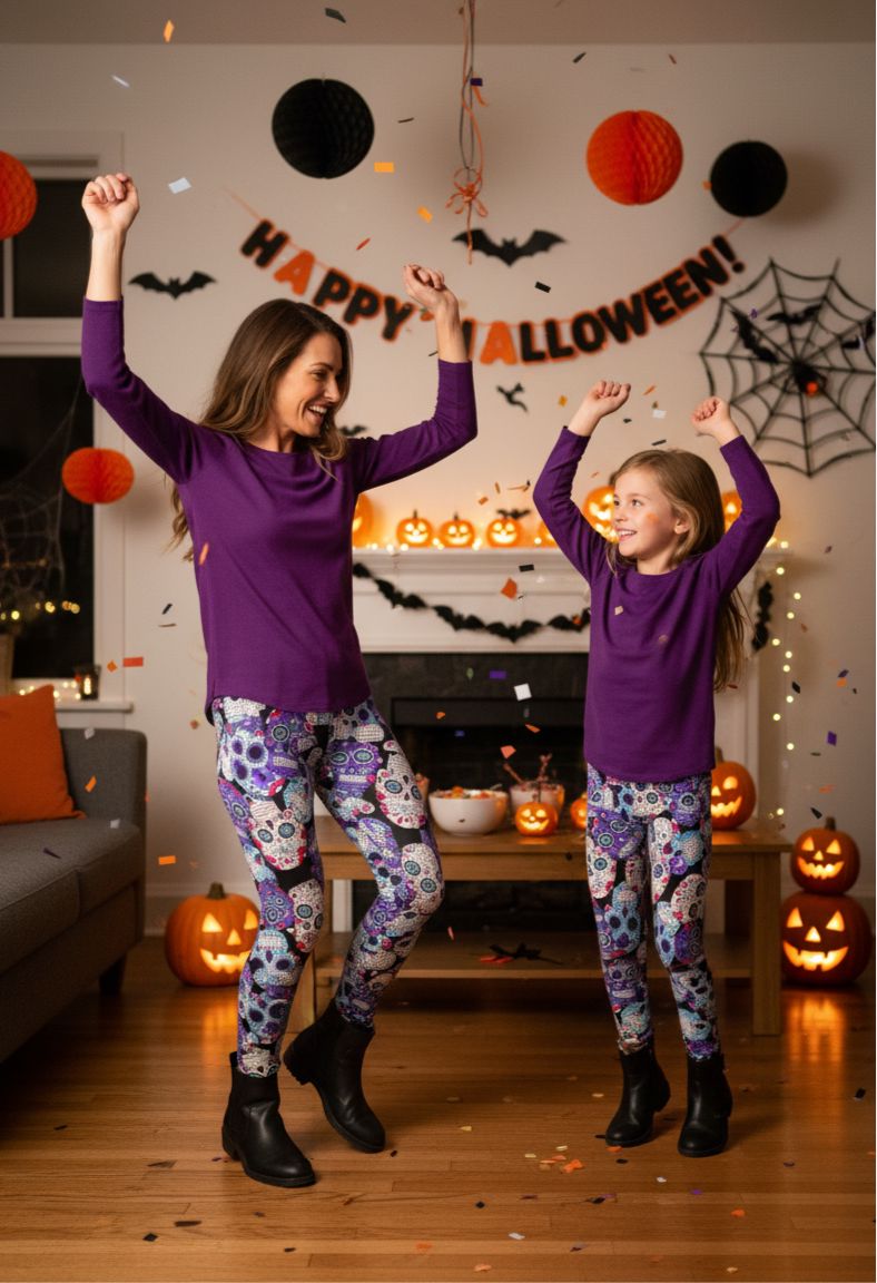 Girls Halloween Skull Leggings - High Waisted - Buttery Soft - Purple/Blue Leggings MomMe and More 