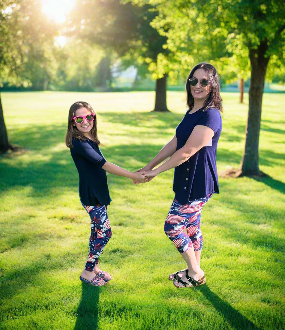 Girls American Flag 4th of July Leggings, Kids Yoga Pants, Sizes S/L, Yoga Waist, Exclusive Leggings, Red/White/Blue Leggings MomMe and More 