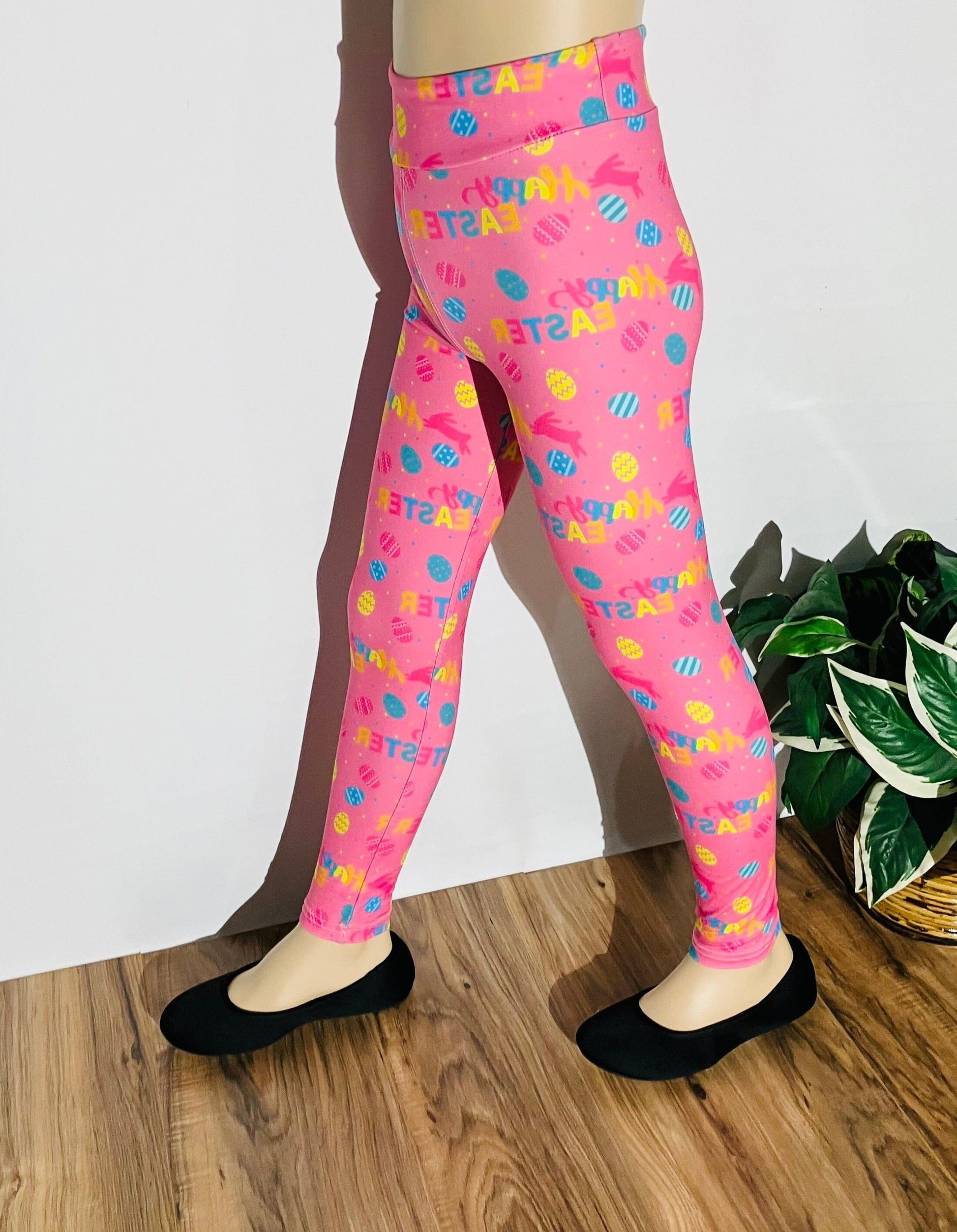 Girls Leggings | Exclusive Happy Easter Leggings | Kids Yoga Pants |  Footless Tights | Yoga Waistband