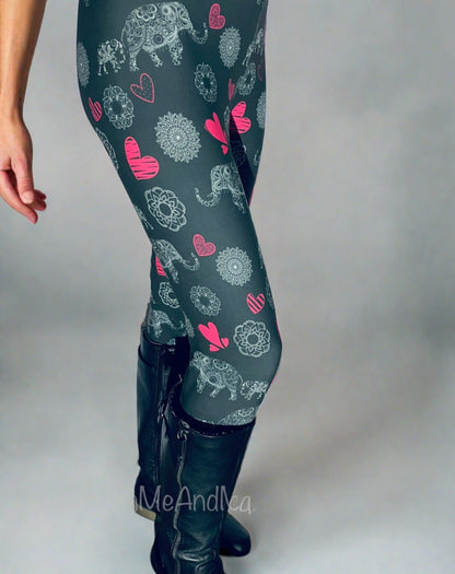 Womens Leggings | Exclusive Elephant Heart Leggings | Yoga Pants | Footless Tights | Yoga Waistband Leggings MomMe and More 