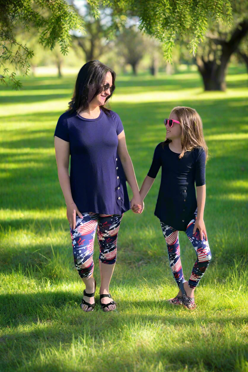 Girls American Flag 4th of July Leggings, Kids Yoga Pants, Sizes S/L, Yoga Waist, Exclusive Leggings, Red/White/Blue Leggings MomMe and More 