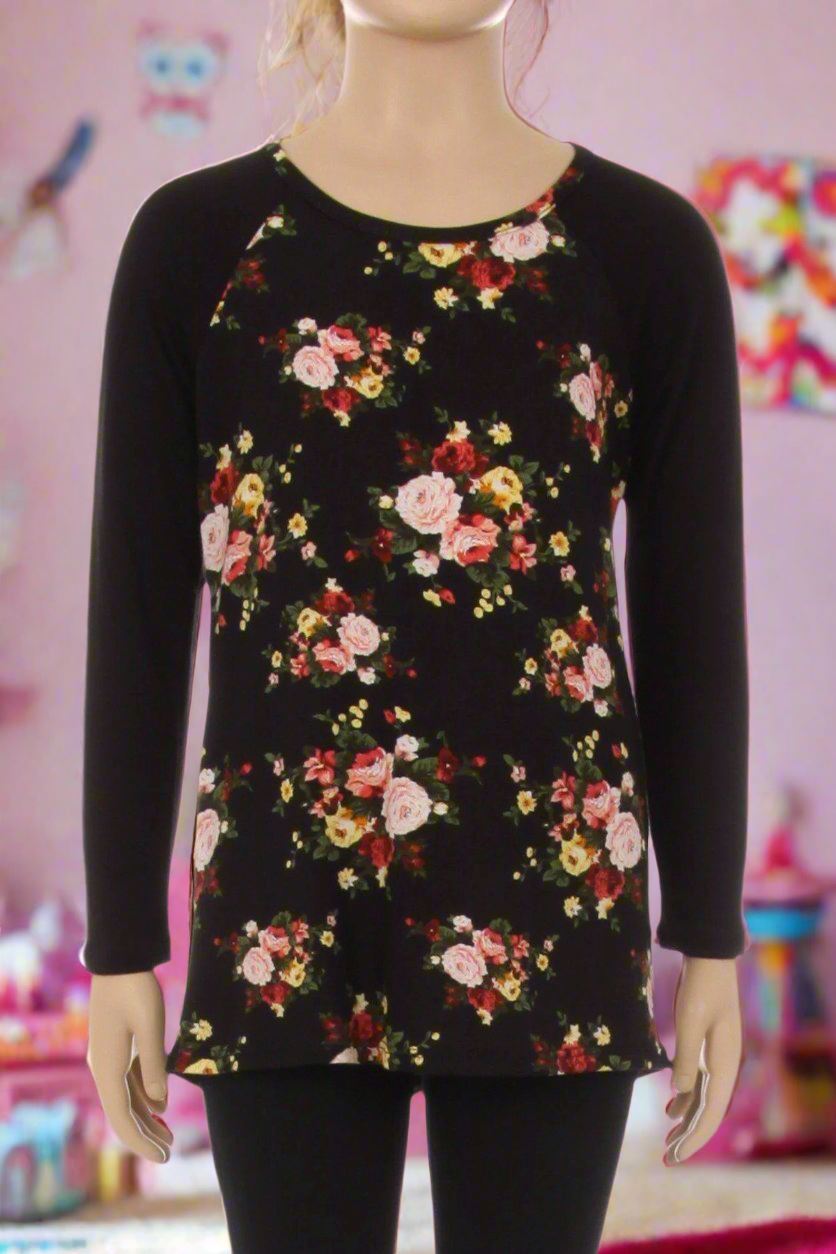 Girls Rose Floral Top, Long Sleeve Shirt, Sizes S/M/L/XL, Black/Pink Tops MomMe and More 