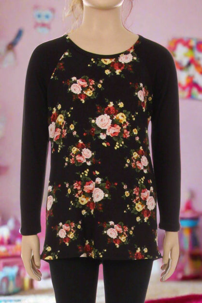 Girls Rose Floral Top, Long Sleeve Shirt, Sizes S/M/L/XL, Black/Pink Tops MomMe and More 