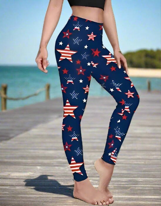 Womens Patriotic American Flag Star Leggings, Soft Yoga Pants, Sizes 0-18, Red/White/Blue Leggings MomMe and More 