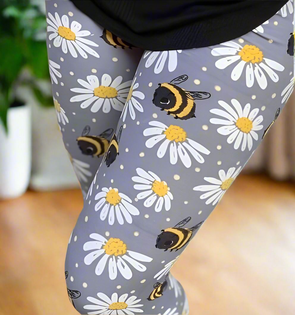 Womens Bee Daisy Leggings - High Waisted - Buttery Soft - Grey/Yellow Leggings MomMe and More 