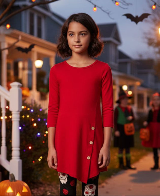 Girls Red Dress – 3/4 Sleeve – Side Buttons – Asymmetric Hem - Soft Stretch dress MomMe and More 6 Red 