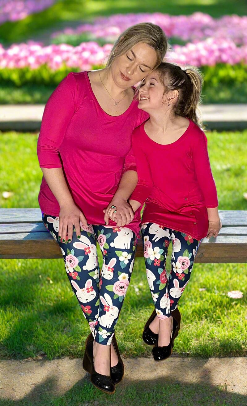 Womens Floral Easter Bunny Leggings, Soft Yoga Pants, Sizes OS/TC, Yoga Waist Leggings MomMe and More 