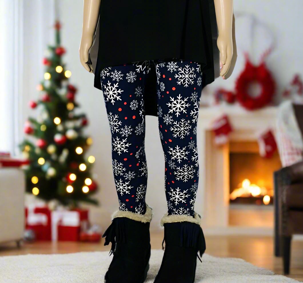 Girl Christmas Snowflake Leggings, Kids Yoga Pants, Sizes S/L, No-Roll Waist, Black/White Leggings MomMe and More 