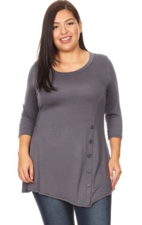 Womens Plus Size High-Low Gray Shirt | Side Button Long Tunic Top Tops MomMe and More 