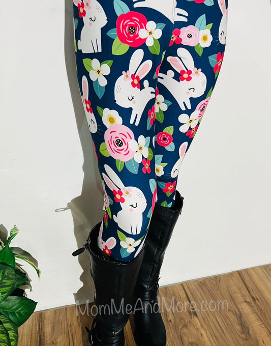 Womens Leggings | Exclusive Easter Bunny Pink Flower Leggings | Yoga Pants | Footless Tights | Yoga Waistband Leggings MomMe and More 