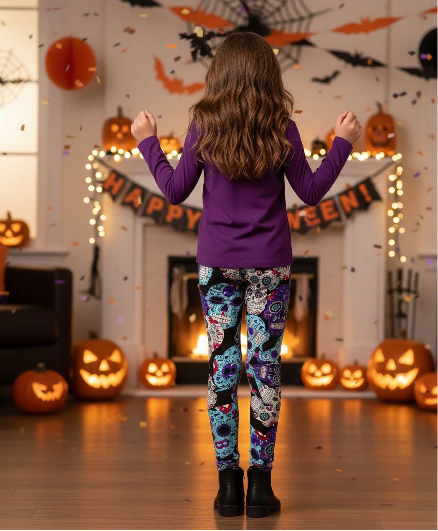 Girls Halloween Skull Leggings - High Waisted - Buttery Soft - Purple/Blue Leggings MomMe and More 