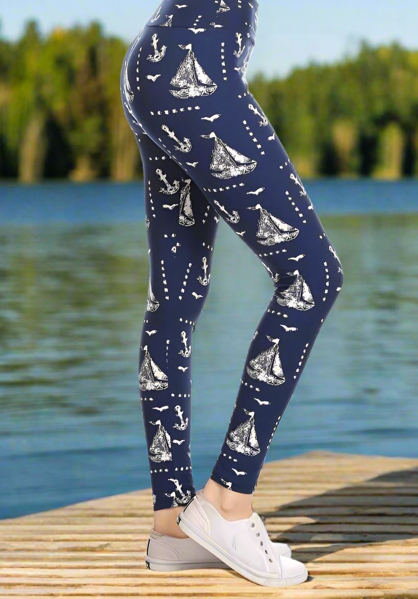 Womens Nautical Boat Leggings, Soft Yoga Pants, Blue/White, Sizes 0-20, Yoga Waist Leggings MomMe and More 