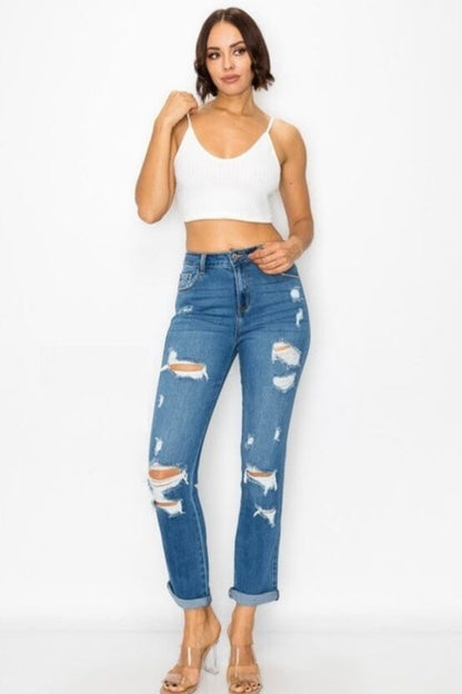 Ripped Jeans For Women | Distressed Plus Size Jeans | Straight Leg Cuffed Jeans | Blue Denim Pants Jeans MomMe and More 