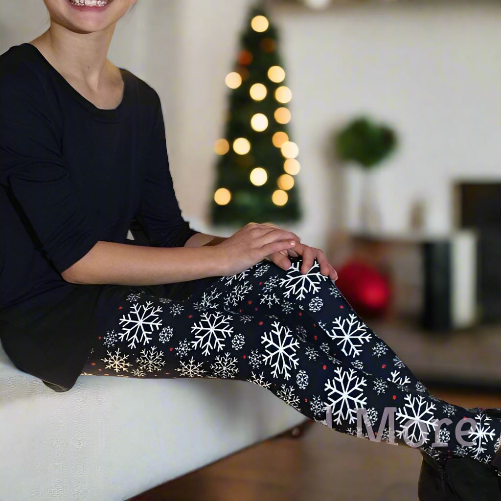 Girl Christmas Snowflake Leggings, Kids Yoga Pants, Sizes S/L, No-Roll Waist, Black/White Leggings MomMe and More 