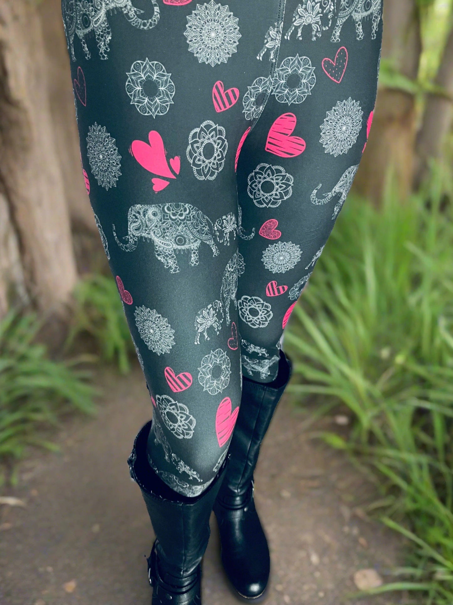 Womens Elephant Heart Leggings Soft Yoga Pants Gray/Pink Sizes 0-22 Leggings MomMe and More 